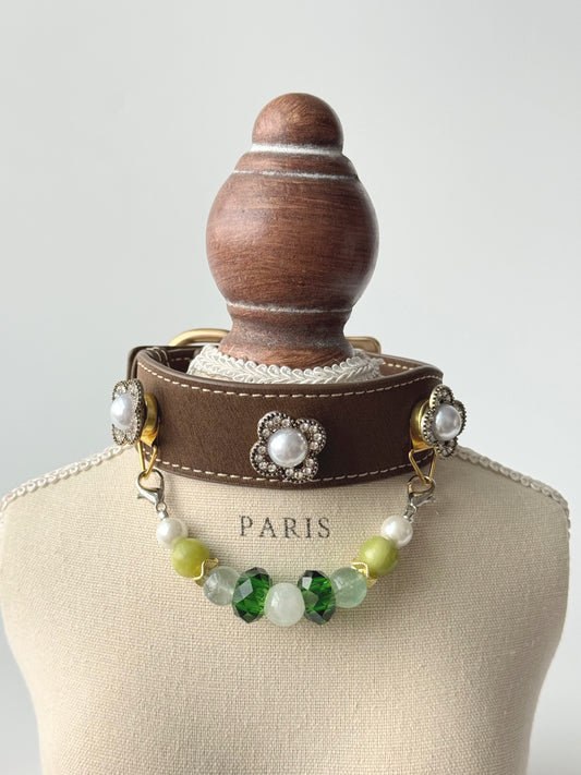 Pawlsle Trails Emerald-toned, gemstone-style microfiber leather pet collar featuring a detachable beaded chain; designed to be non-stick to fur, comfortable, and adjustable. Style 2