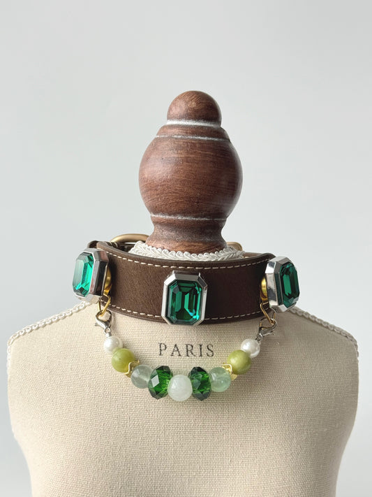 Pawlsle Trails Emerald-toned, gemstone-style microfiber leather pet collar featuring a detachable beaded chain; designed to be non-stick to fur, comfortable, and adjustable. Style 1