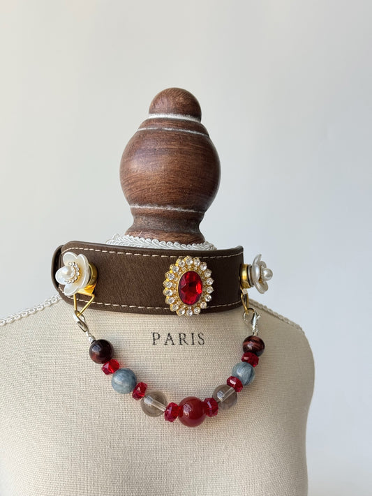 Pawlsle Trails A premium, vintage-inspired gemstone pet collar—a luxurious, handcrafted leather piece featuring a wearable crystal-bead chain; an elegant, artisanal accessory for your pet.