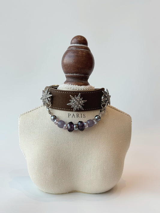 Pawlsle Trails "North Star" jeweled pet collar, crafted from brown microfiber leather and adorned with a rhinestone North Star emblem; features an interchangeable, hand-beaded gemstone chain. Suitable for cats as well as medium-to-large dogs. Style 2
