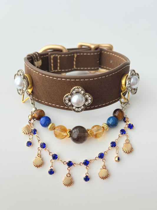 Pawlsle Trails Vintage-inspired pearl and seashell pet collar—a luxurious, ultra-lightweight leather collar featuring a striking double-strand chain of exquisite gems; an elegantly handcrafted accessory for your pet. Style 1