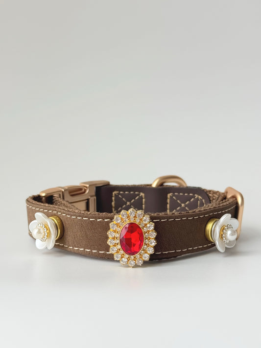 Pawlsle Trails Vintage-Style Ruby Crystal Pet Collar · Crafted from luxurious, soft microfiber leather and accented with pearl flowers—an elegant, designer-style accessory for pets. Style 1