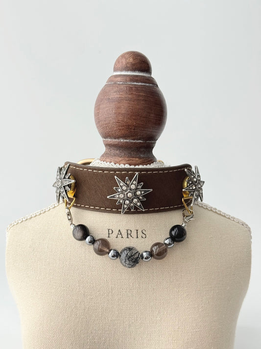 Pawlsle Trails "North Star" jeweled pet collar, crafted from brown microfiber leather and adorned with a rhinestone North Star emblem; features an interchangeable, hand-beaded gemstone chain. Suitable for cats as well as medium-to-large dogs. Style 1