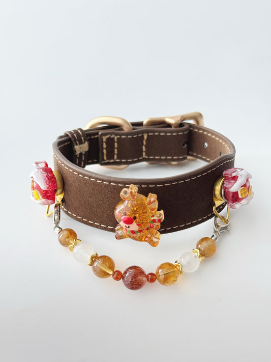 Pawlsle Trails Black and Gold Leather Crystal Pet Collar with Christmas Reindeer Motif – Hand-Beaded Holiday Collar for Pets Style 1