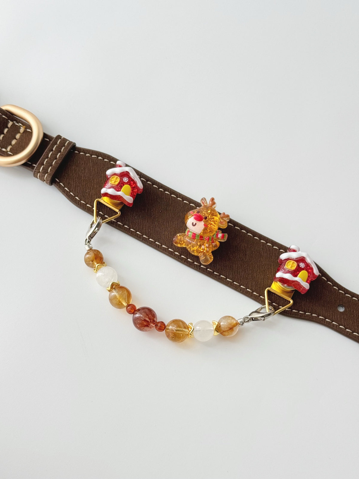 Pawlsle Trails Black and Gold Leather Crystal Pet Collar with Christmas Reindeer Motif – Hand-Beaded Holiday Collar for Pets