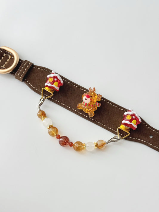Pawlsle Trails Black and Gold Leather Crystal Pet Collar with Christmas Reindeer Motif – Hand-Beaded Holiday Collar for Pets
