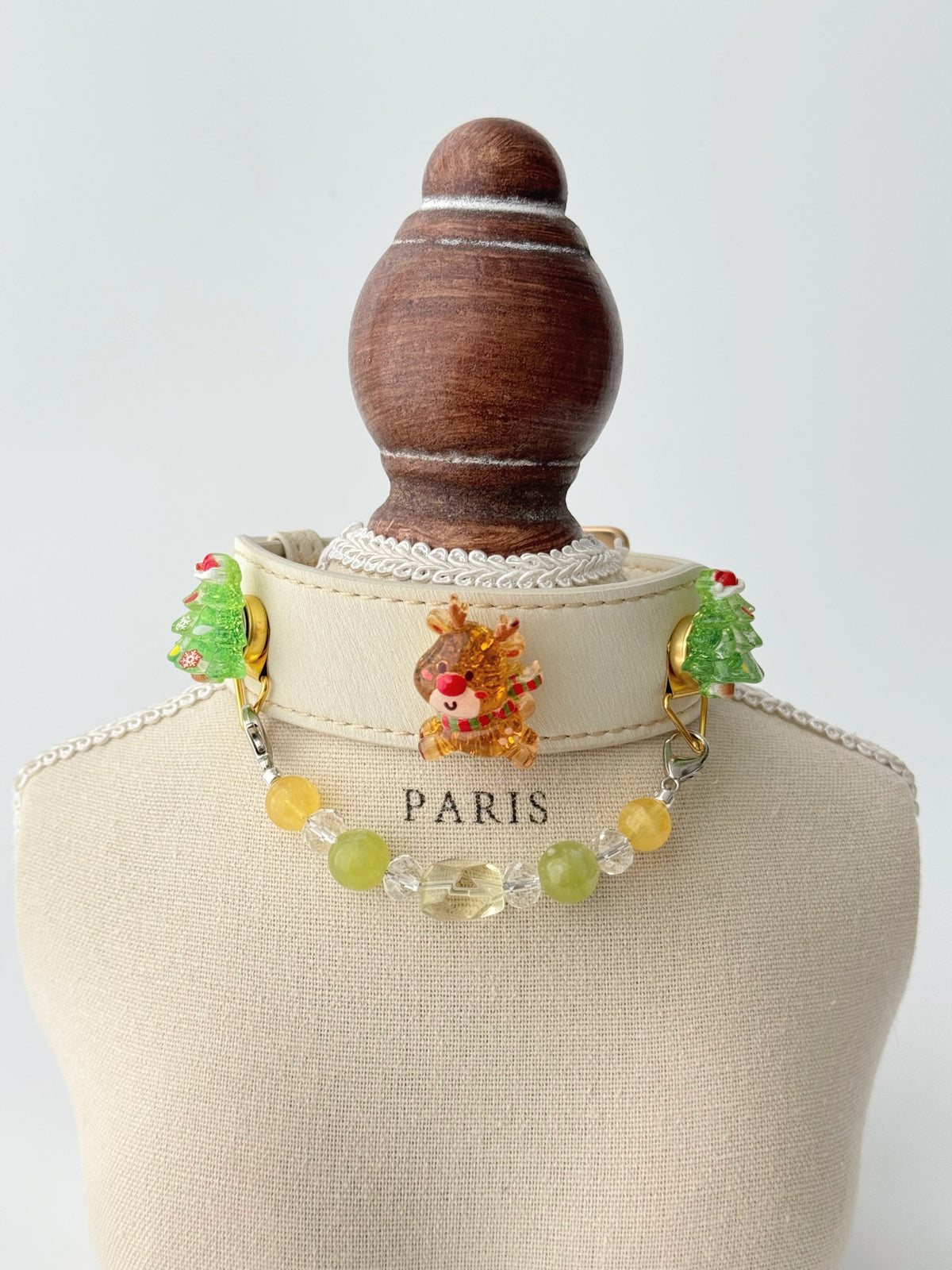 Pawlsle Trails Christmas Reindeer Leather and Crystal Collar, Hand-Beaded Christmas Pet Collar