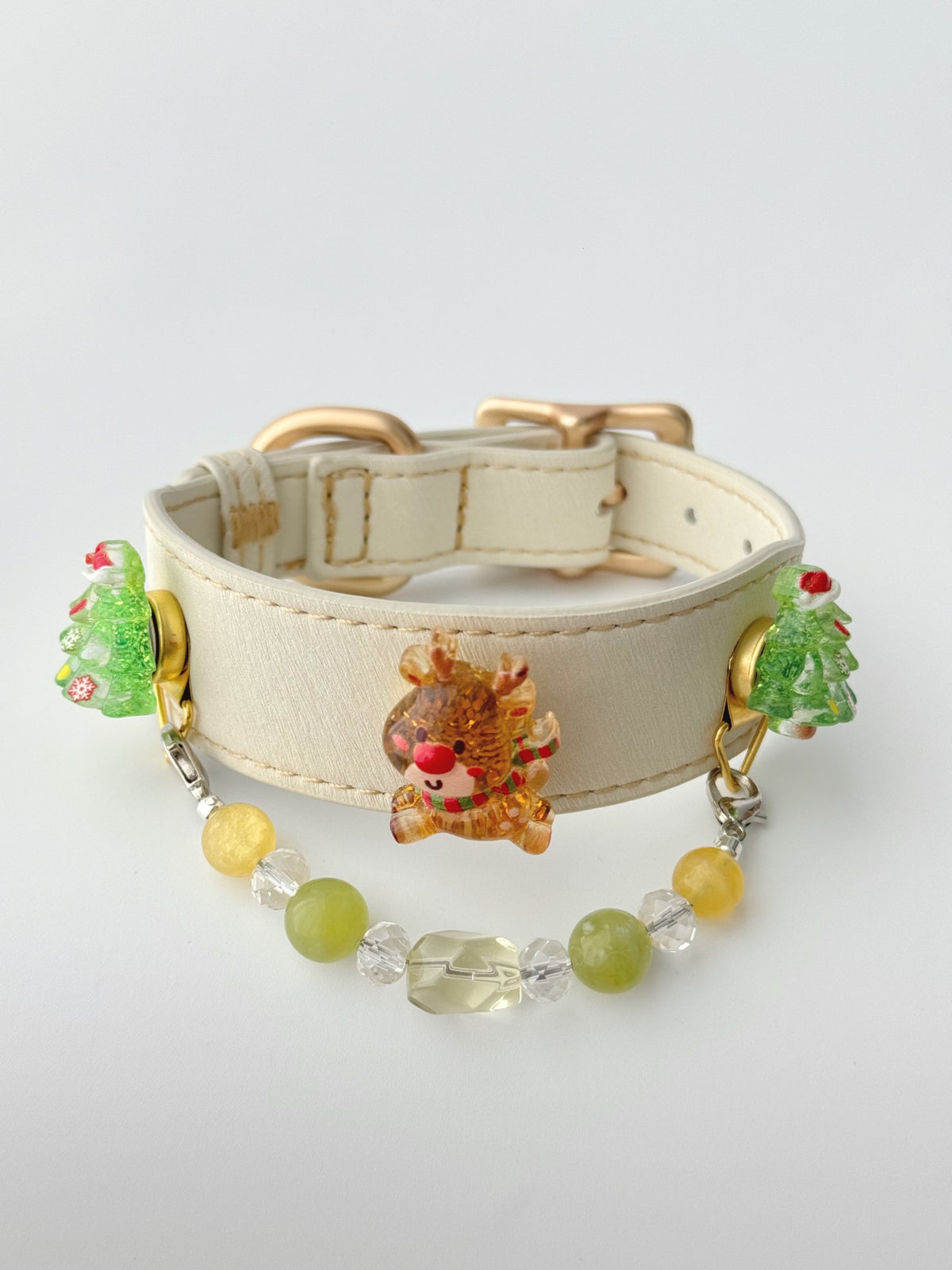 Pawlsle Trails Christmas Reindeer Leather and Crystal Collar, Hand-Beaded Christmas Pet Collar Style 4