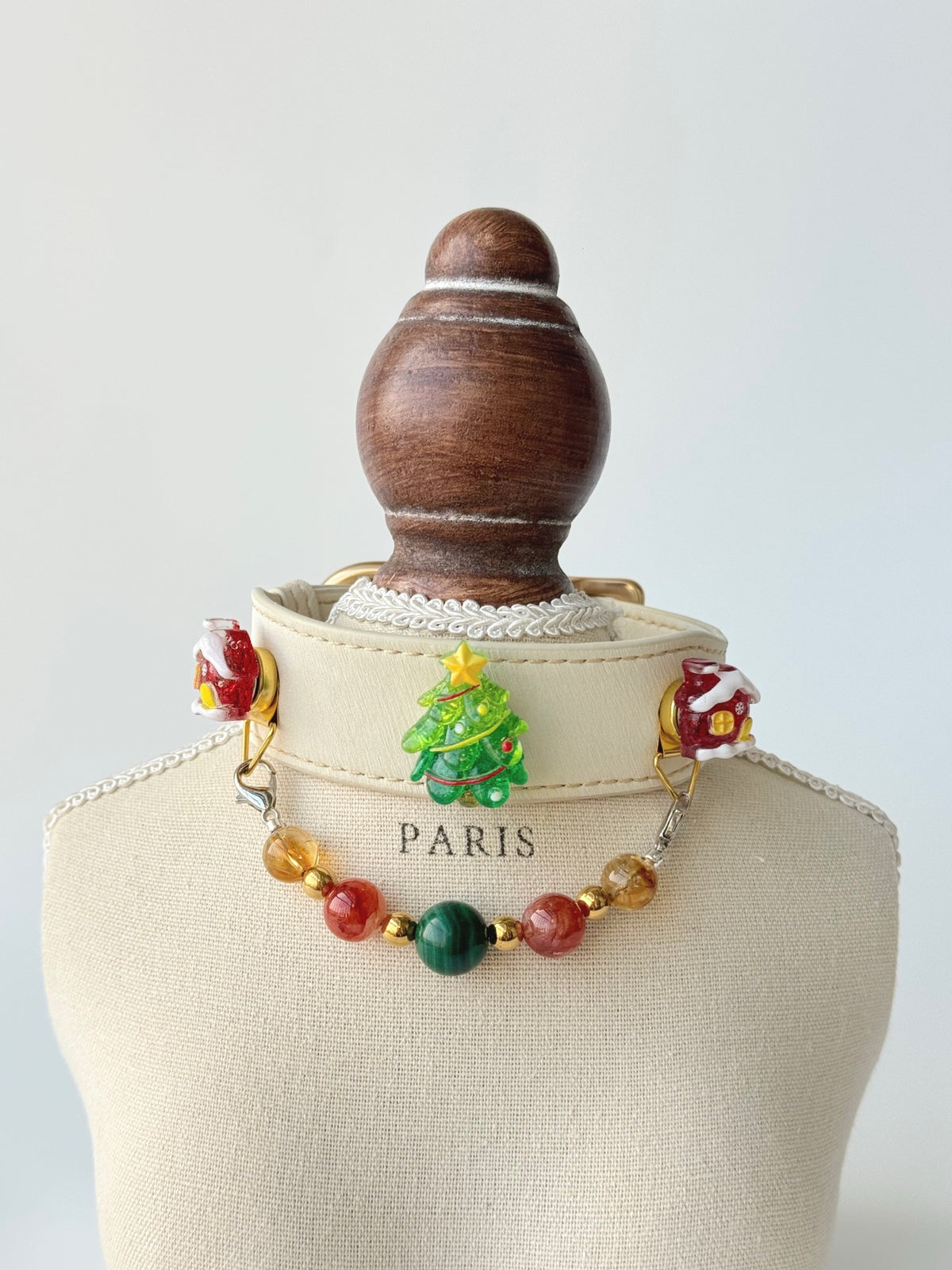 Pawlsle Trails Festive Sparkling Pet Collar Set, featuring a Christmas tree design and crafted from high-quality leather and natural crystal beads.