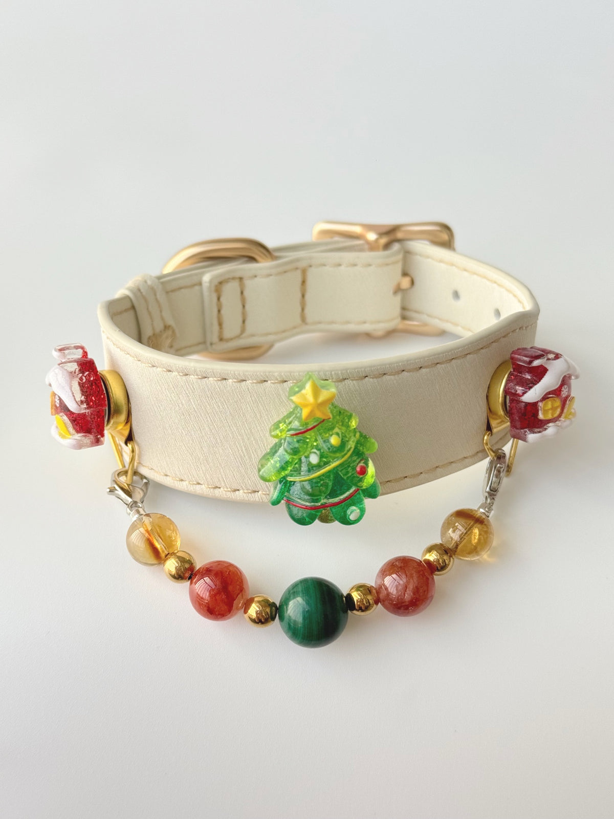 Pawlsle Trails Festive Sparkling Pet Collar Set, featuring a Christmas tree design and crafted from high-quality leather and natural crystal beads. Style 4
