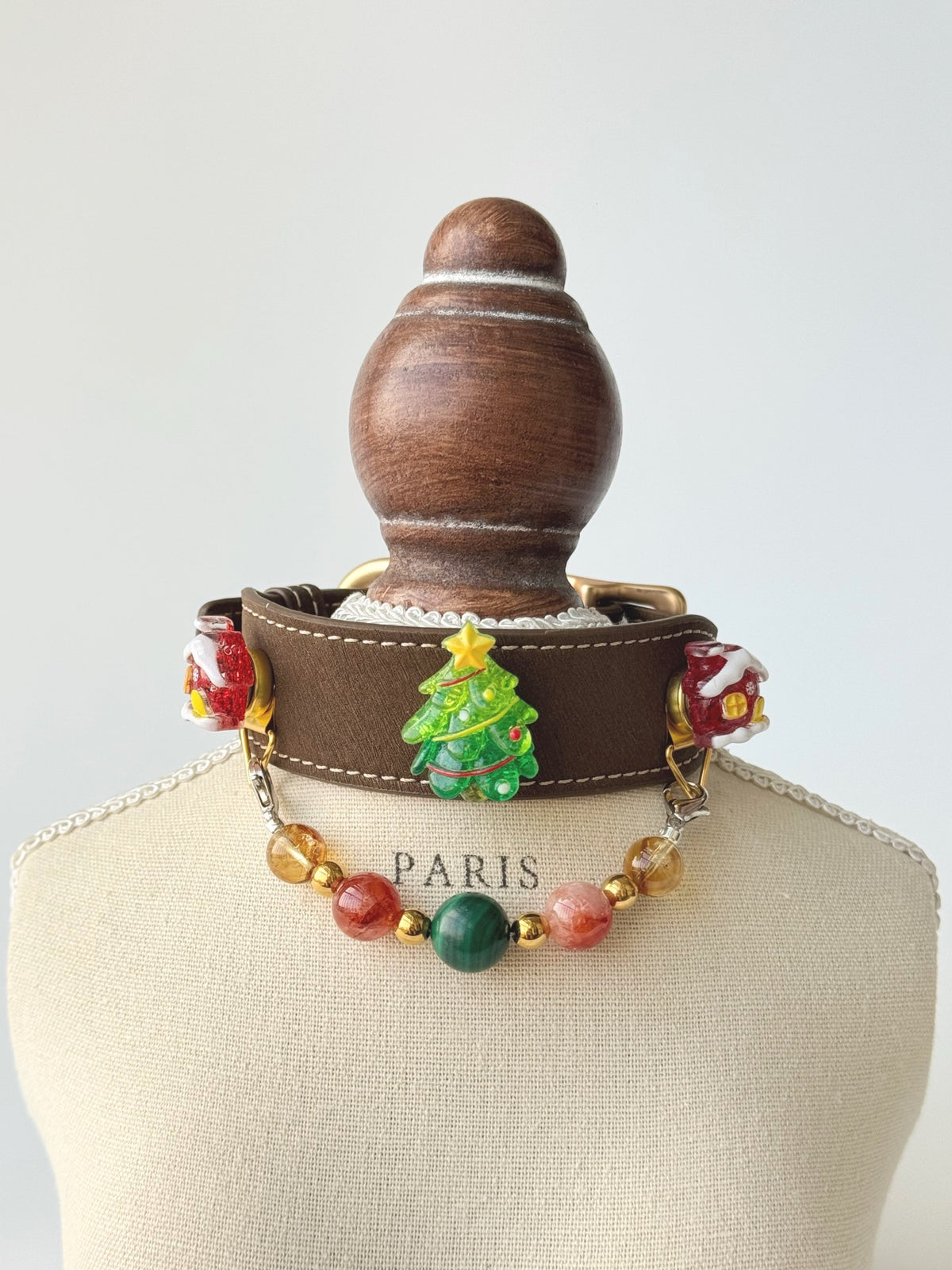 Pawlsle Trails Festive Sparkling Pet Collar Set, featuring a Christmas tree design and crafted from high-quality leather and natural crystal beads.