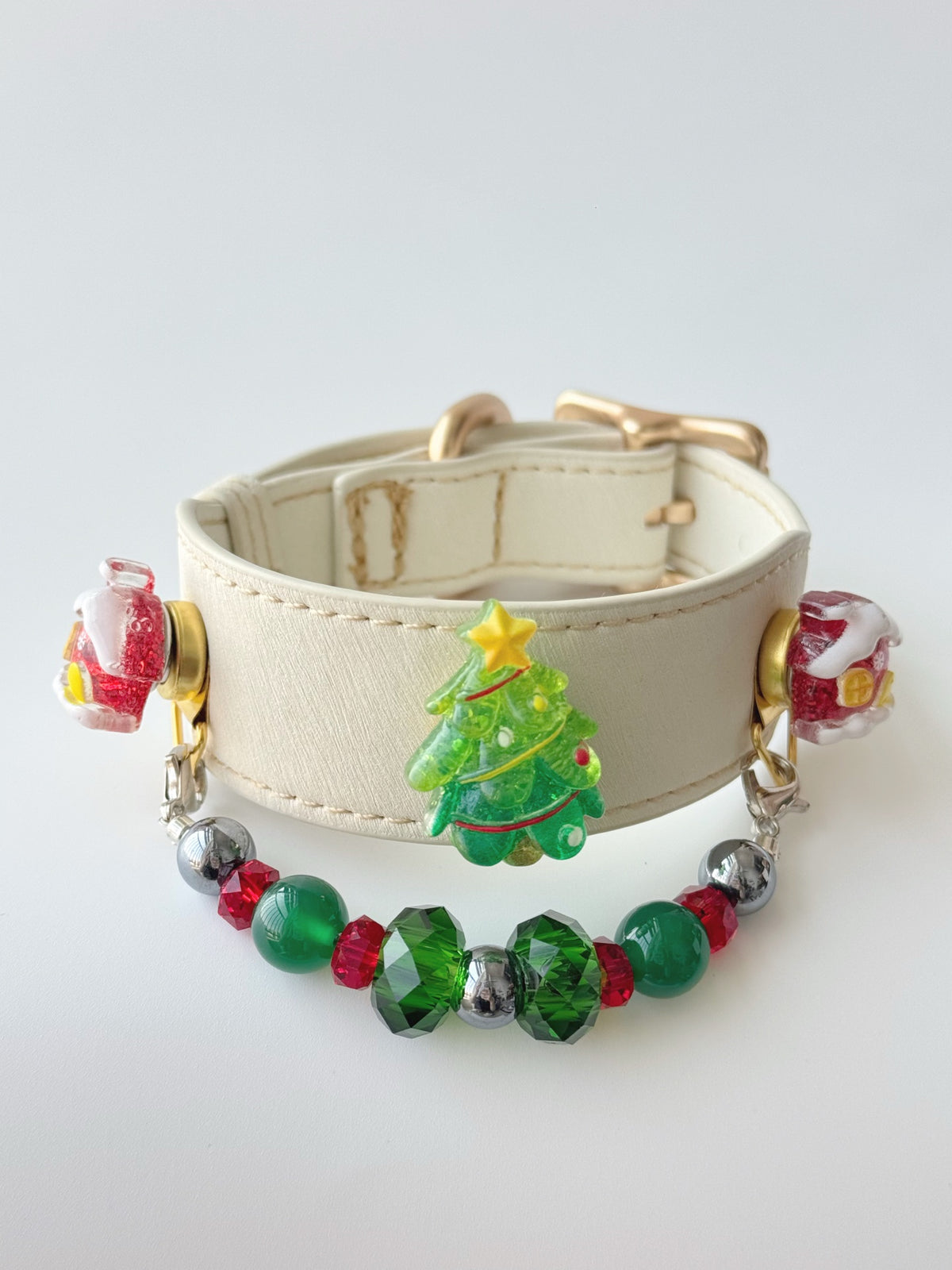 Pawlsle Trails Festive Sparkling Pet Collar Set, featuring a Christmas tree design and crafted from high-quality leather and natural crystal beads. Style 3