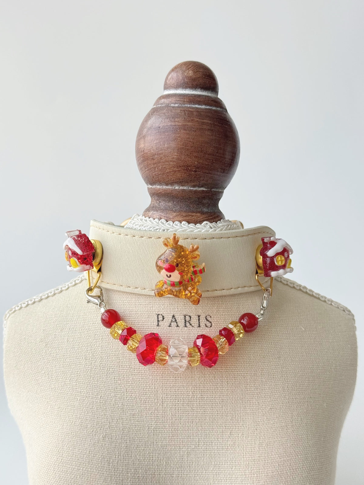 Pawlsle Trails Christmas Reindeer Leather and Crystal Collar, Hand-Beaded Christmas Pet Collar
