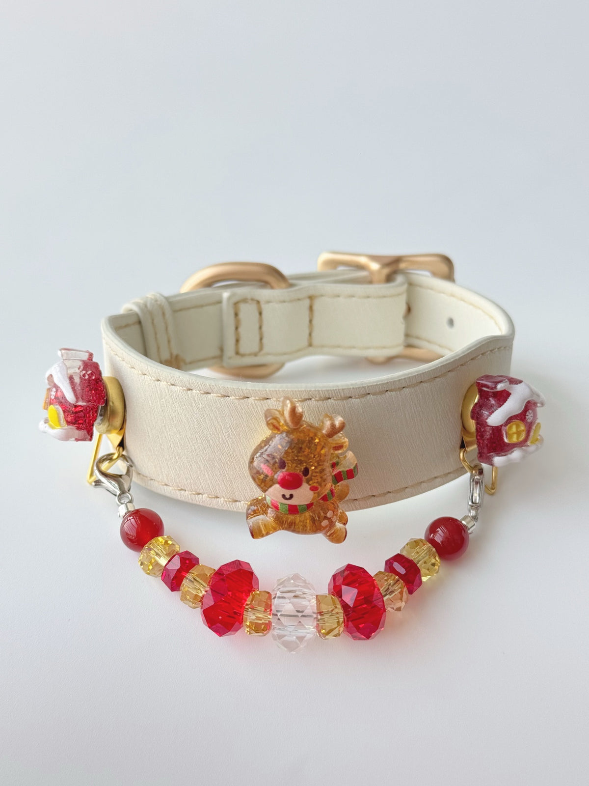 Pawlsle Trails Christmas Reindeer Leather and Crystal Collar, Hand-Beaded Christmas Pet Collar Style 3