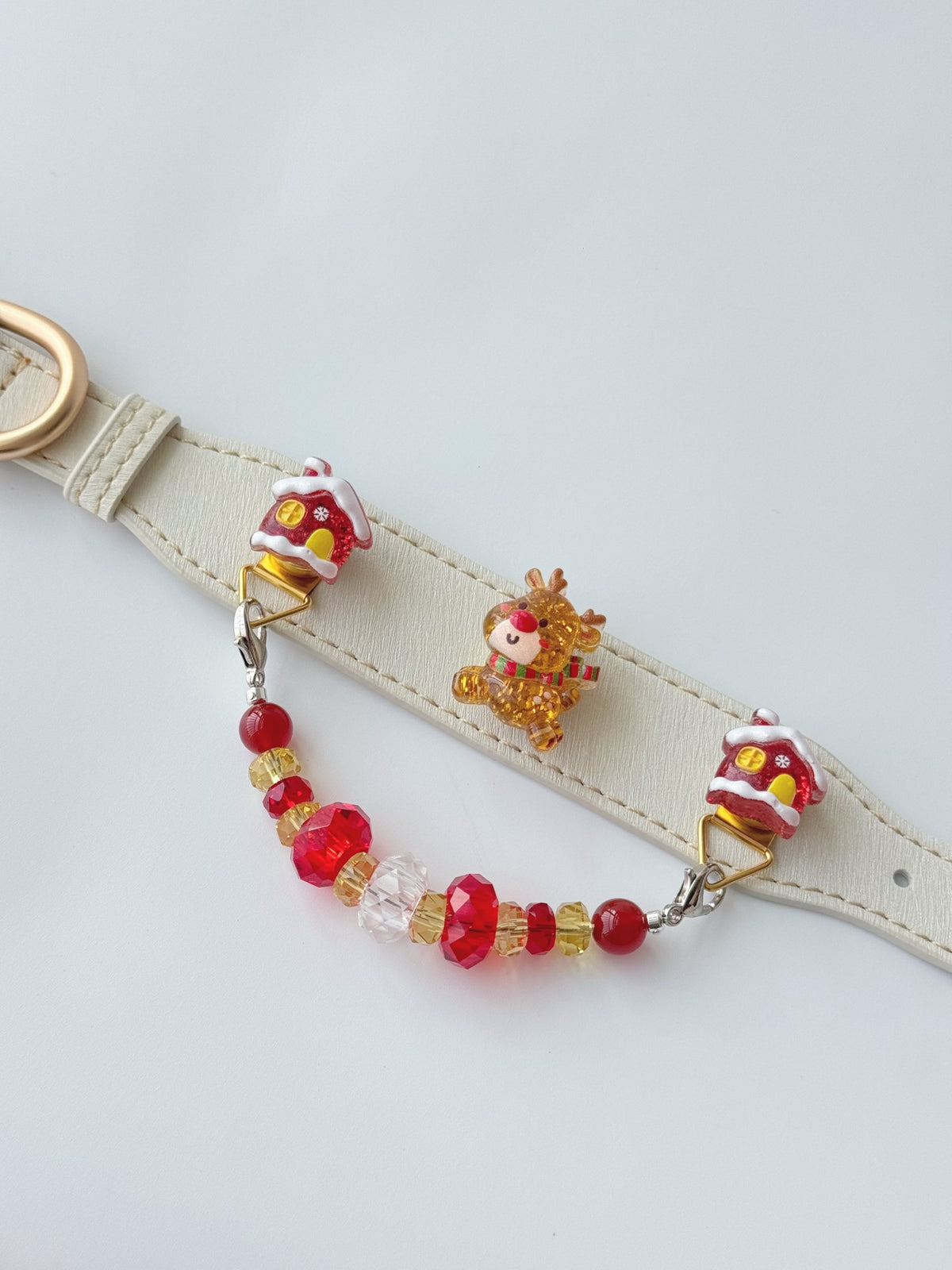 Pawlsle Trails Christmas Reindeer Leather and Crystal Collar, Hand-Beaded Christmas Pet Collar
