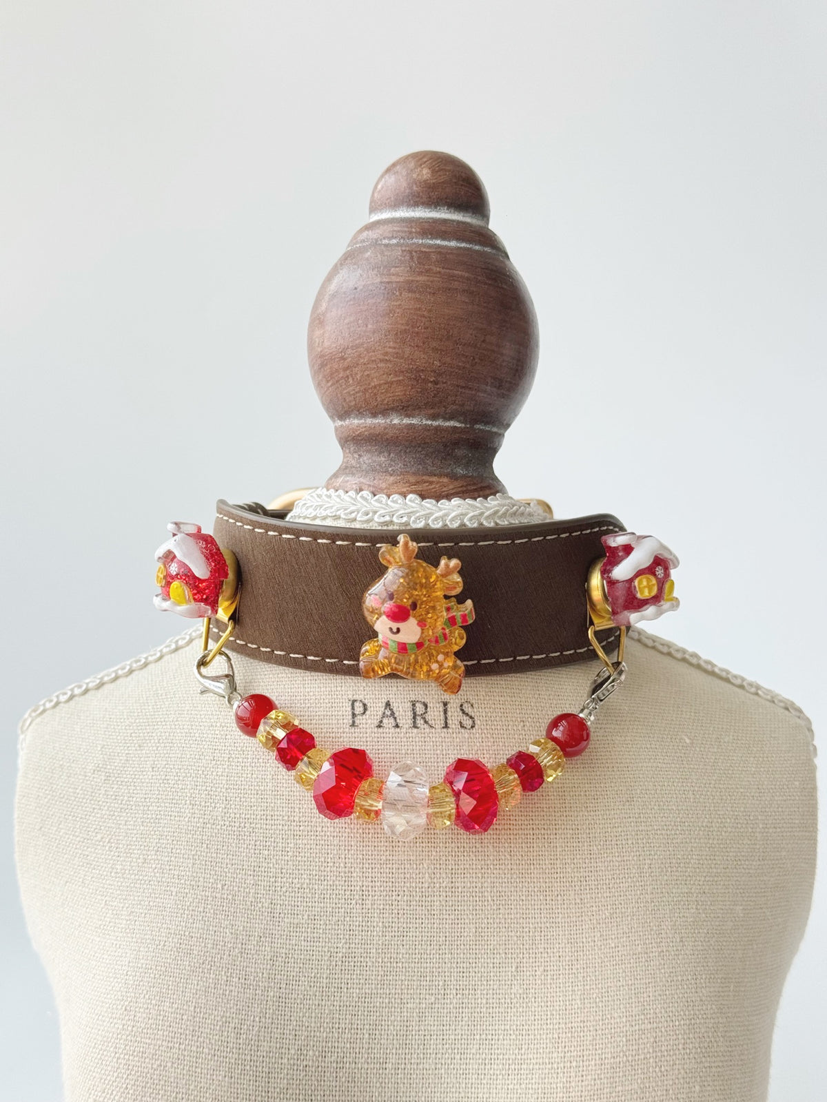 Pawlsle Trails Christmas Reindeer Leather and Crystal Collar, Hand-Beaded Christmas Pet Collar