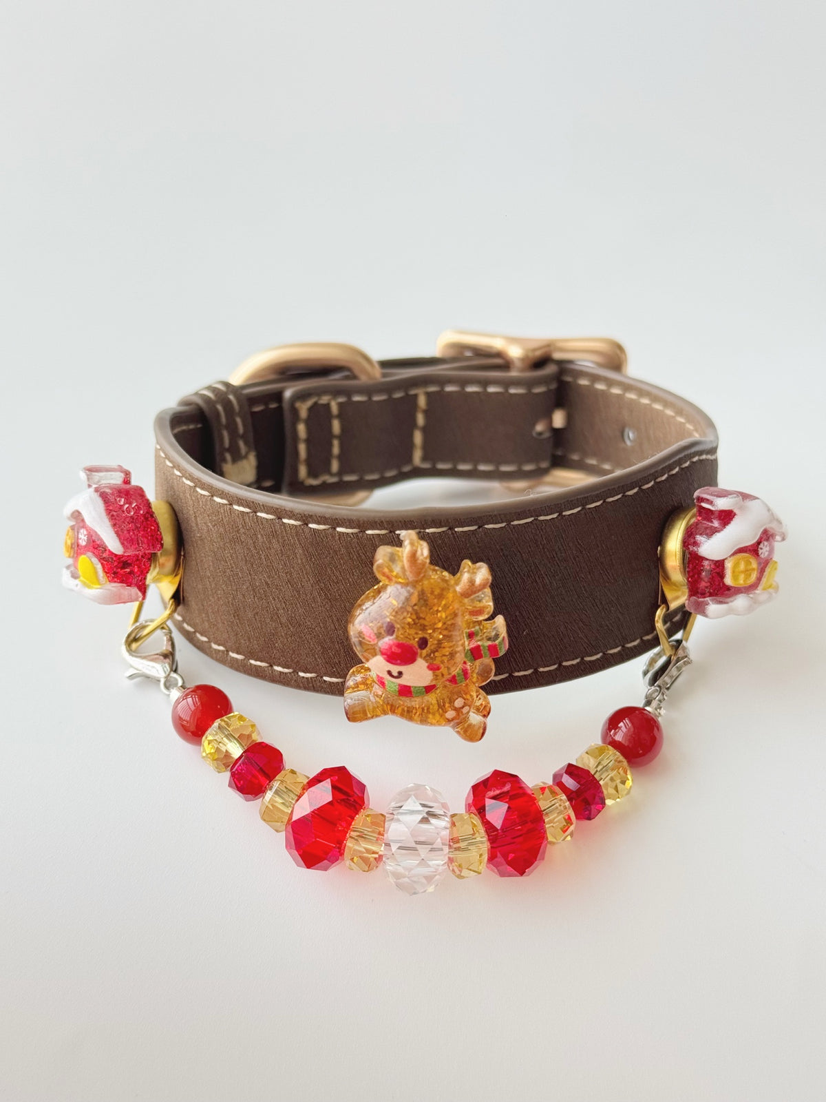 Pawlsle Trails Christmas Reindeer Leather and Crystal Collar, Hand-Beaded Christmas Pet Collar Style 2