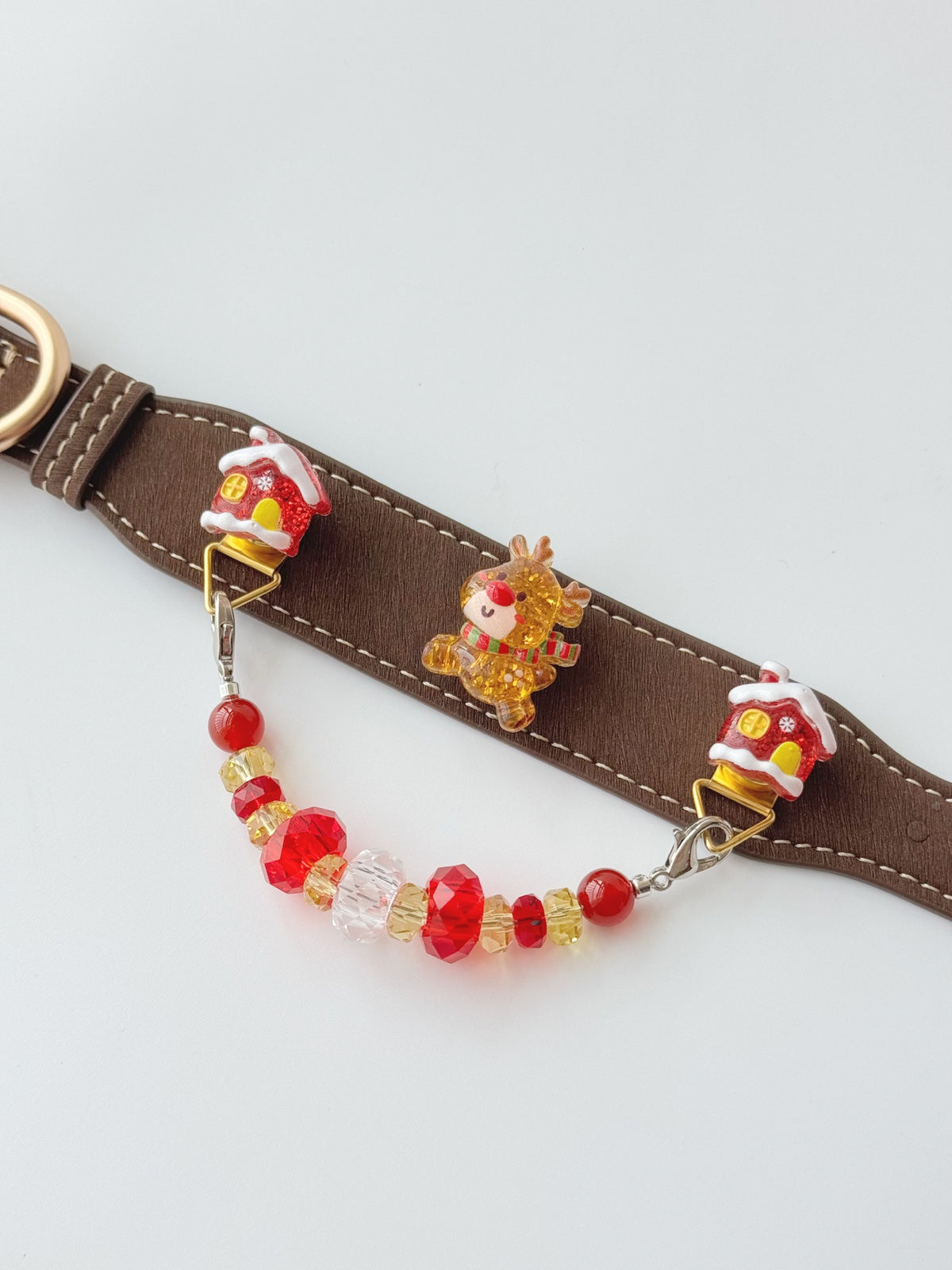 Pawlsle Trails Christmas Reindeer Leather and Crystal Collar, Hand-Beaded Christmas Pet Collar