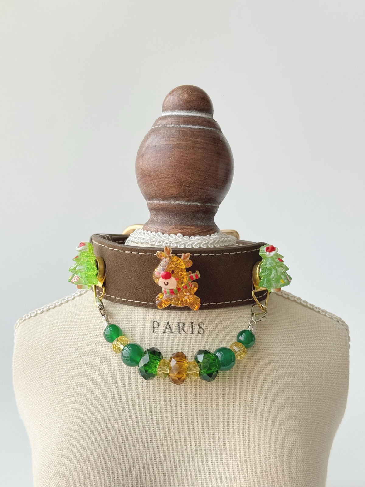 Pawlsle Trails Christmas Reindeer Leather and Crystal Collar, Hand-Beaded Christmas Pet Collar