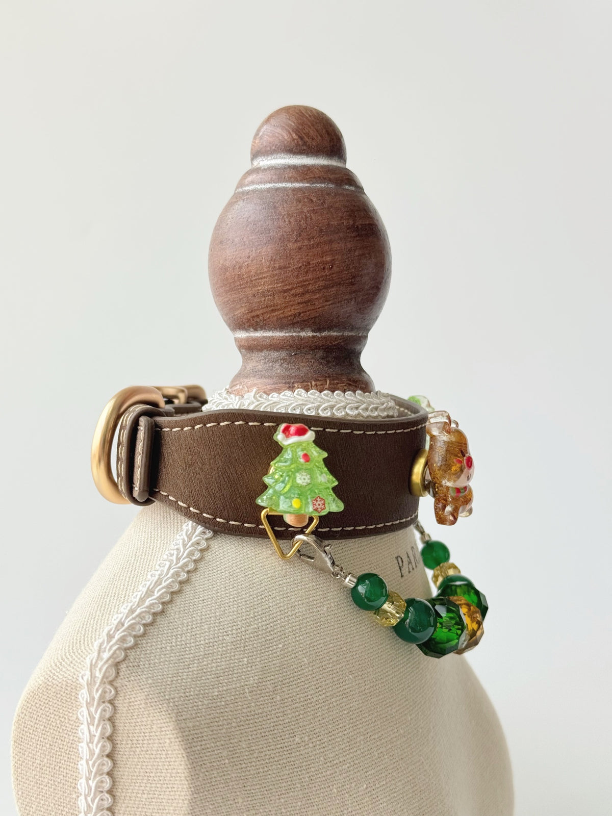 Pawlsle Trails Christmas Reindeer Leather and Crystal Collar, Hand-Beaded Christmas Pet Collar