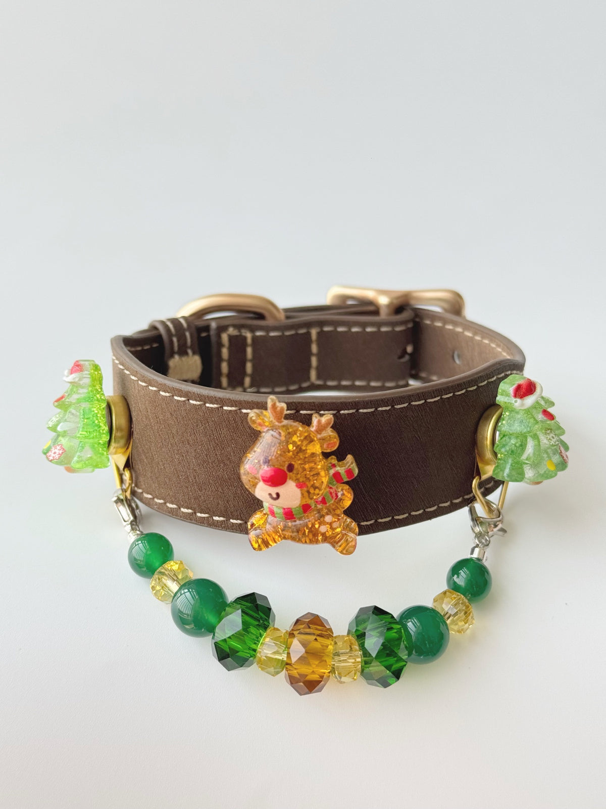 Pawlsle Trails Christmas Reindeer Leather and Crystal Collar, Hand-Beaded Christmas Pet Collar Style 1