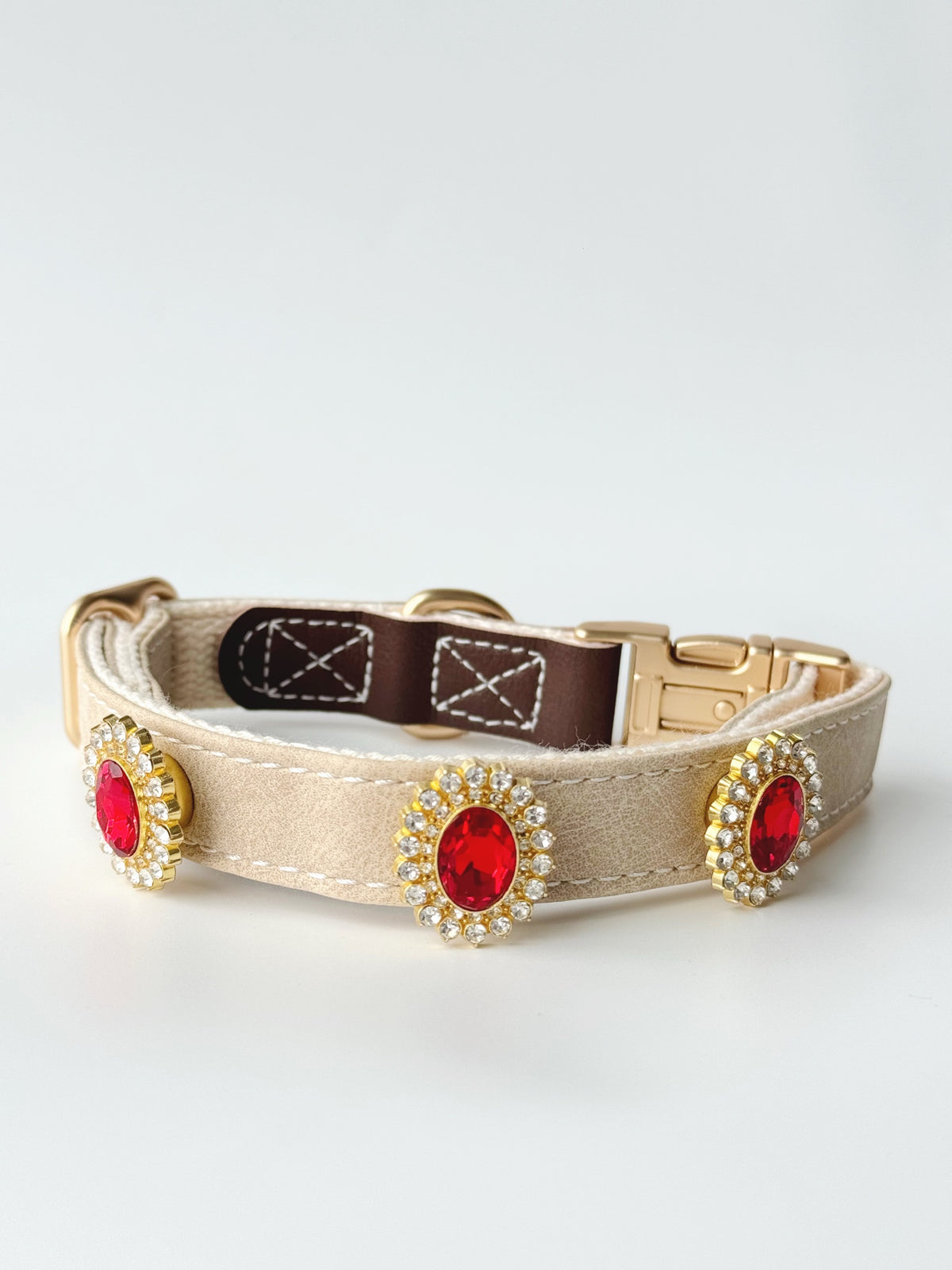 Pawlsle Trails Vintage-Style Ruby Crystal Pet Collar · Crafted from luxurious, soft microfiber leather and accented with pearl flowers—an elegant, designer-style accessory for pets. Style 4