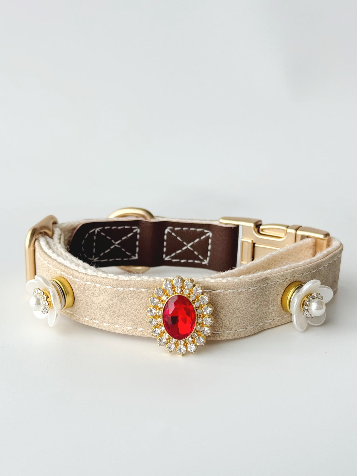 Pawlsle Trails Vintage-Style Ruby Crystal Pet Collar · Crafted from luxurious, soft microfiber leather and accented with pearl flowers—an elegant, designer-style accessory for pets. Style 3