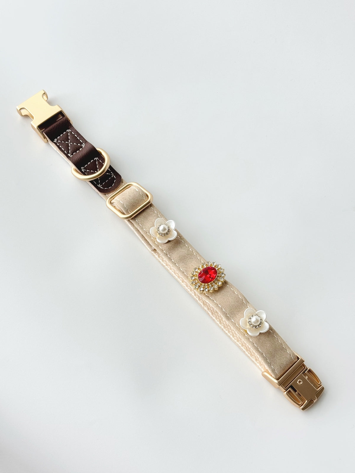 Pawlsle Trails Vintage-Style Ruby Crystal Pet Collar · Crafted from luxurious, soft microfiber leather and accented with pearl flowers—an elegant, designer-style accessory for pets.