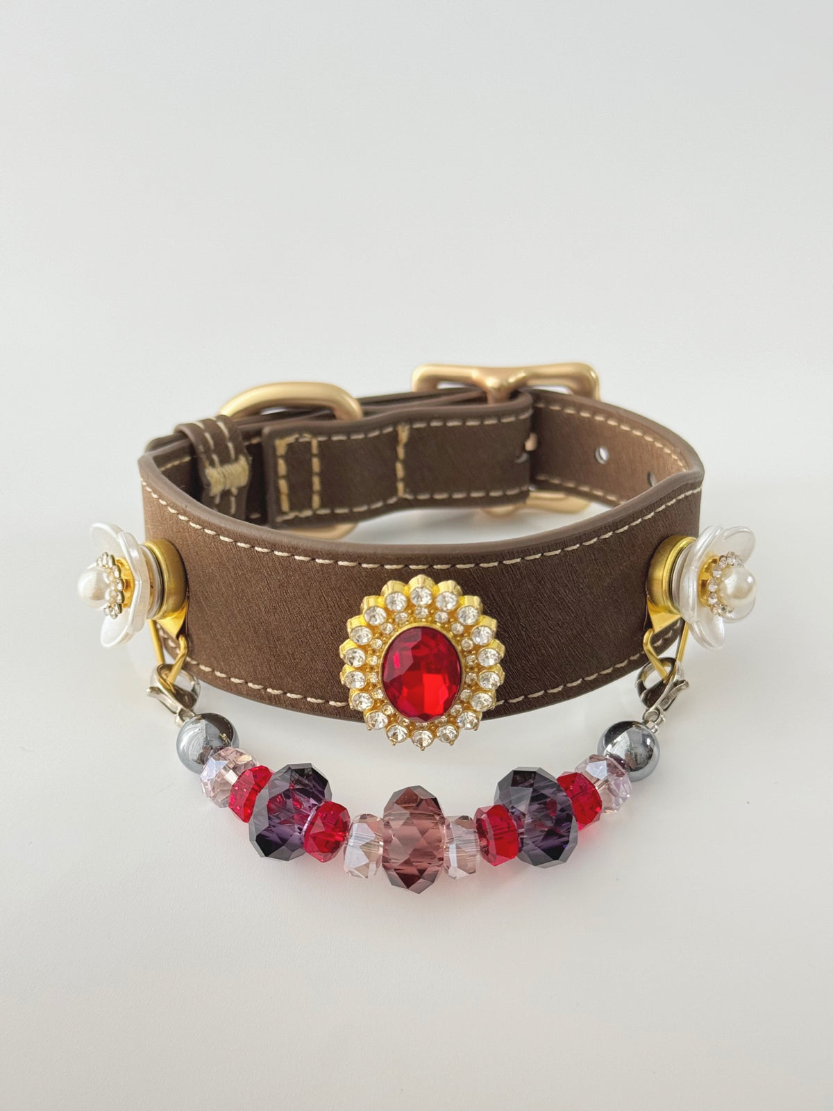 Pawlsle Trails A premium, vintage-inspired gemstone pet collar—a luxurious, handcrafted leather piece featuring a wearable crystal-bead chain; an elegant, artisanal accessory for your pet.