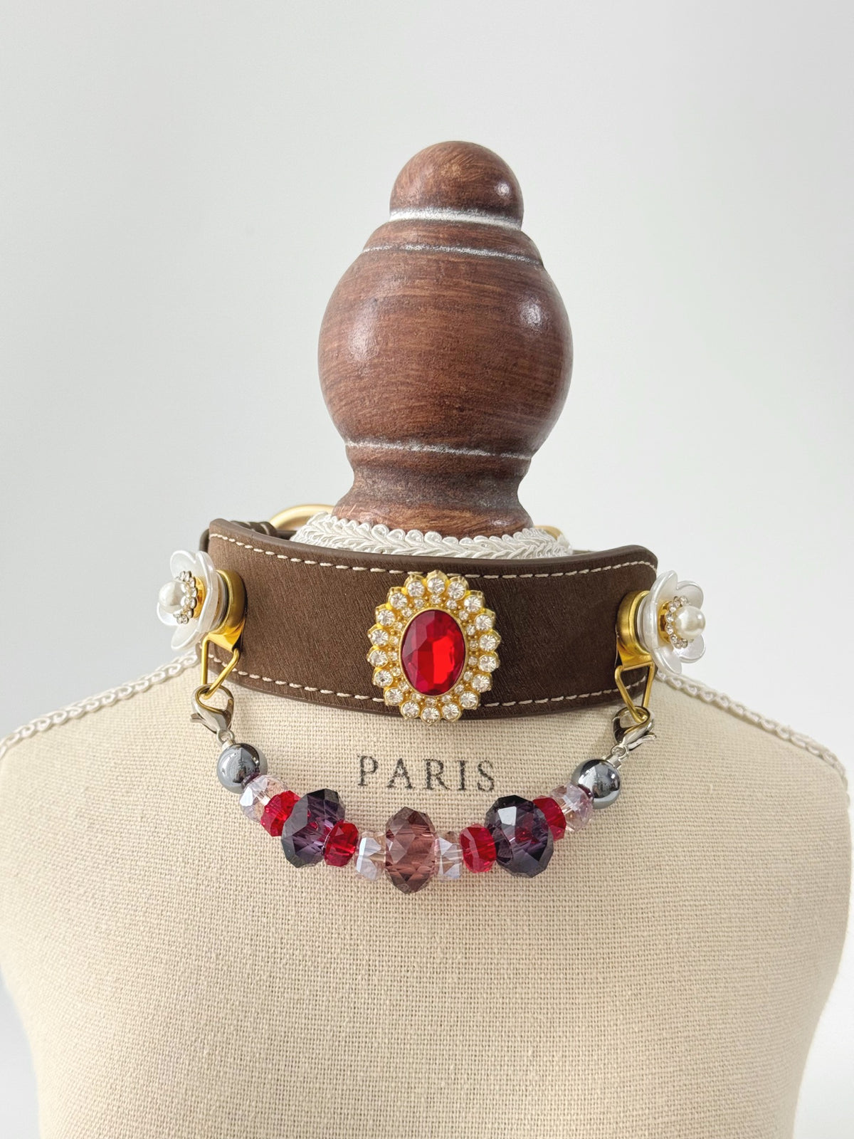 Pawlsle Trails A premium, vintage-inspired gemstone pet collar—a luxurious, handcrafted leather piece featuring a wearable crystal-bead chain; an elegant, artisanal accessory for your pet. Style 5