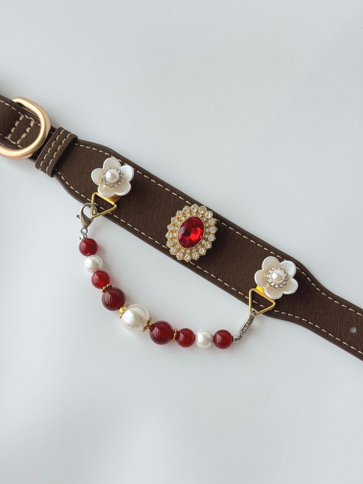 Pawlsle Trails A premium, vintage-inspired gemstone pet collar—a luxurious, handcrafted leather piece featuring a wearable crystal-bead chain; an elegant, artisanal accessory for your pet.