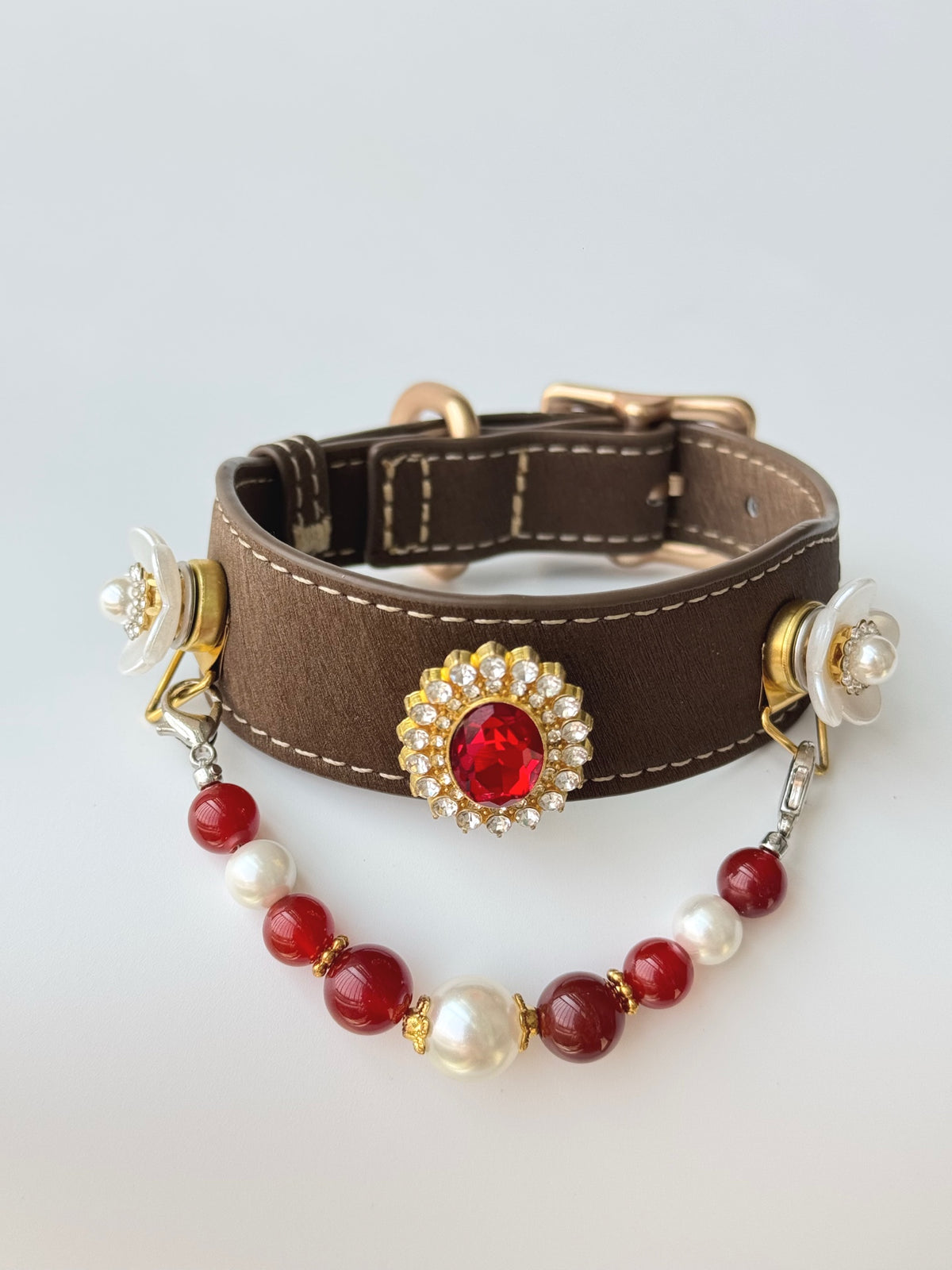Pawlsle Trails A premium, vintage-inspired gemstone pet collar—a luxurious, handcrafted leather piece featuring a wearable crystal-bead chain; an elegant, artisanal accessory for your pet.