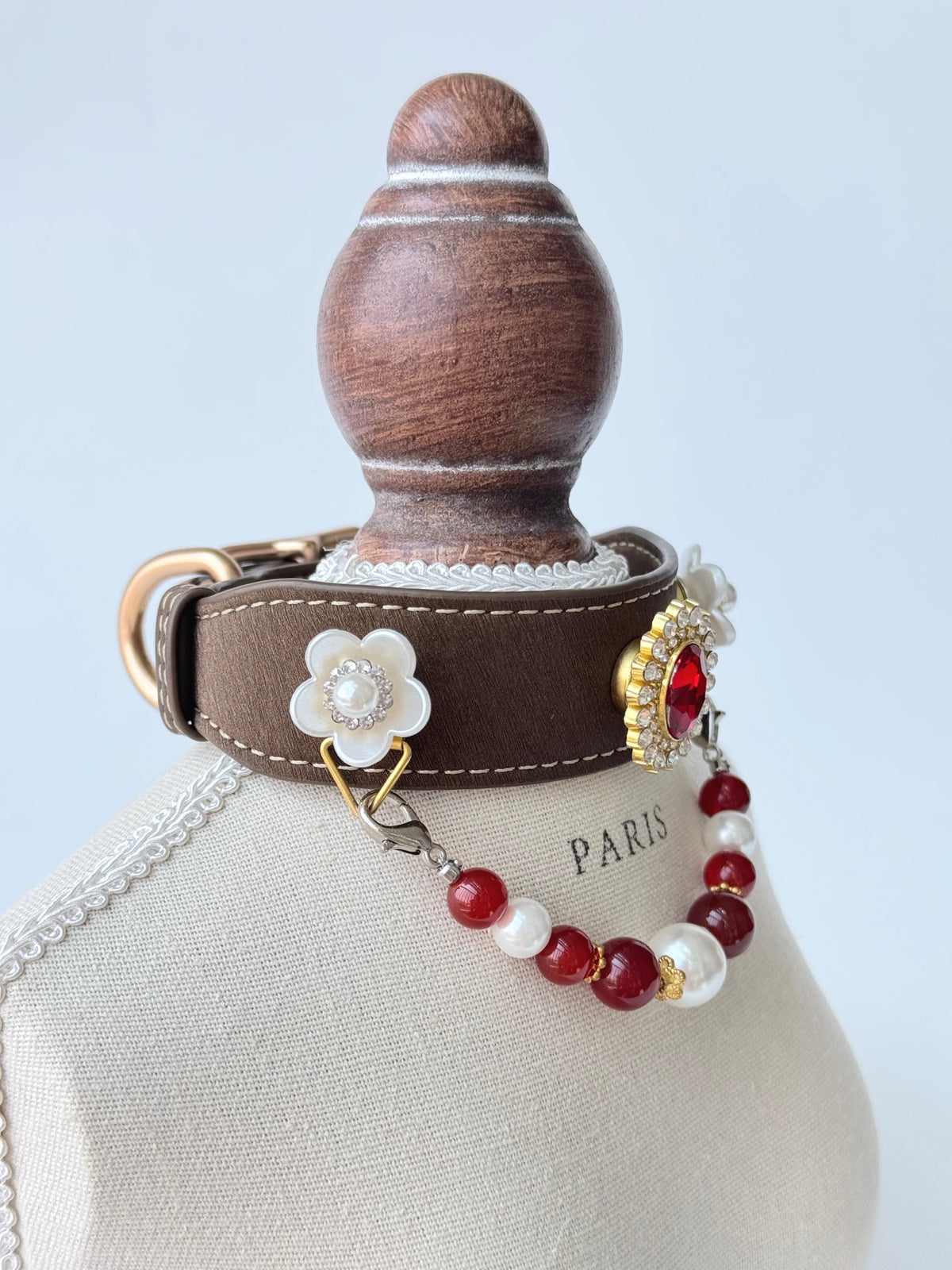 Pawlsle Trails A premium, vintage-inspired gemstone pet collar—a luxurious, handcrafted leather piece featuring a wearable crystal-bead chain; an elegant, artisanal accessory for your pet.