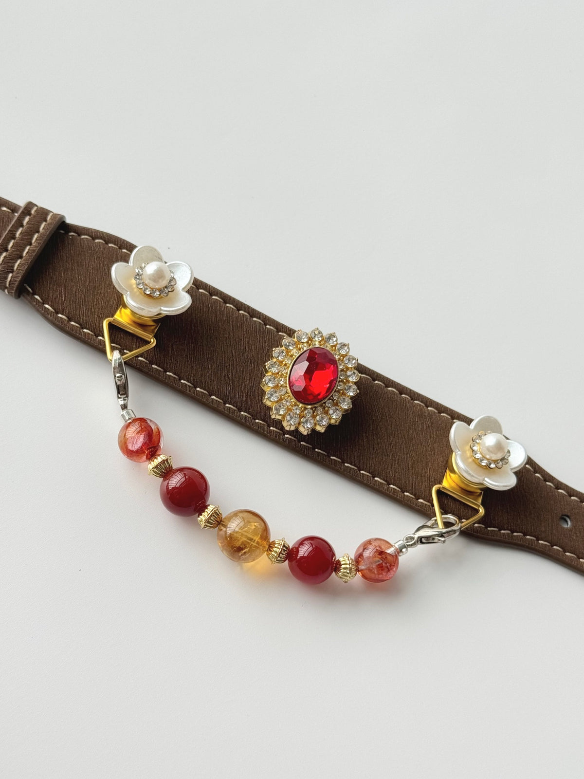 Pawlsle Trails A premium, vintage-inspired gemstone pet collar—a luxurious, handcrafted leather piece featuring a wearable crystal-bead chain; an elegant, artisanal accessory for your pet.
