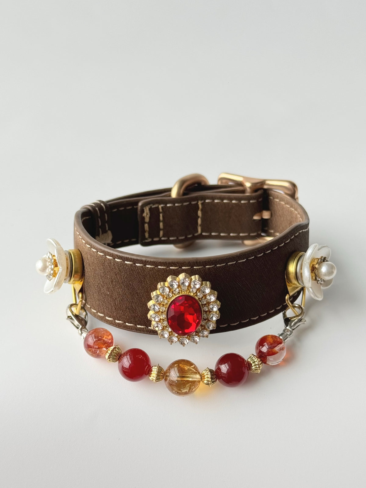 Pawlsle Trails A premium, vintage-inspired gemstone pet collar—a luxurious, handcrafted leather piece featuring a wearable crystal-bead chain; an elegant, artisanal accessory for your pet.