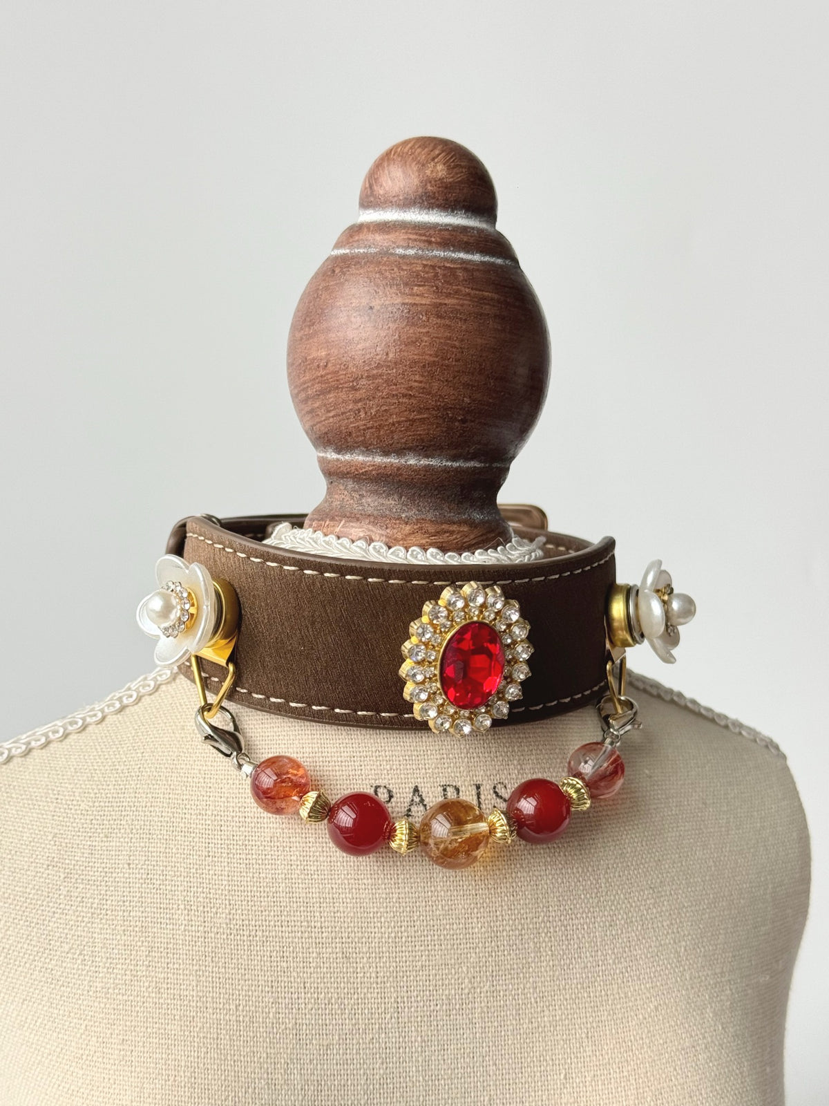 Pawlsle Trails A premium, vintage-inspired gemstone pet collar—a luxurious, handcrafted leather piece featuring a wearable crystal-bead chain; an elegant, artisanal accessory for your pet.