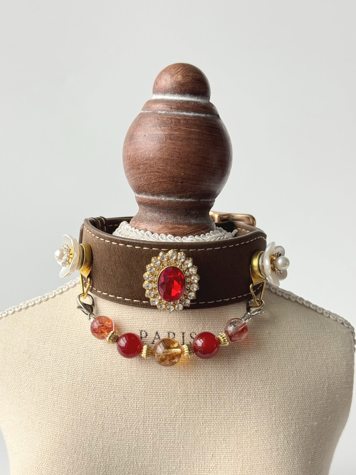 Pawlsle Trails A premium, vintage-inspired gemstone pet collar—a luxurious, handcrafted leather piece featuring a wearable crystal-bead chain; an elegant, artisanal accessory for your pet. Style 3