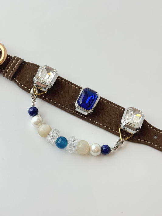Pawlsle Trails Vintage-style square-embellished pet collar, crafted from luxurious microfiber leather and featuring a string of tactile crystal beads—a stylish, handmade accessory for your pet.