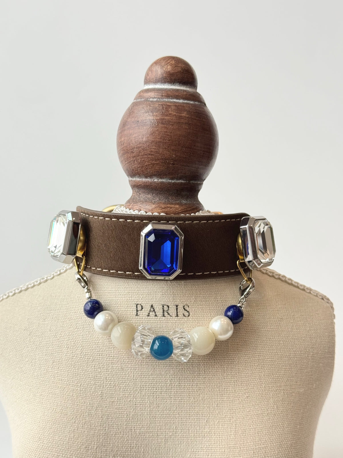 Pawlsle Trails Vintage-style square-embellished pet collar, crafted from luxurious microfiber leather and featuring a string of tactile crystal beads—a stylish, handmade accessory for your pet.