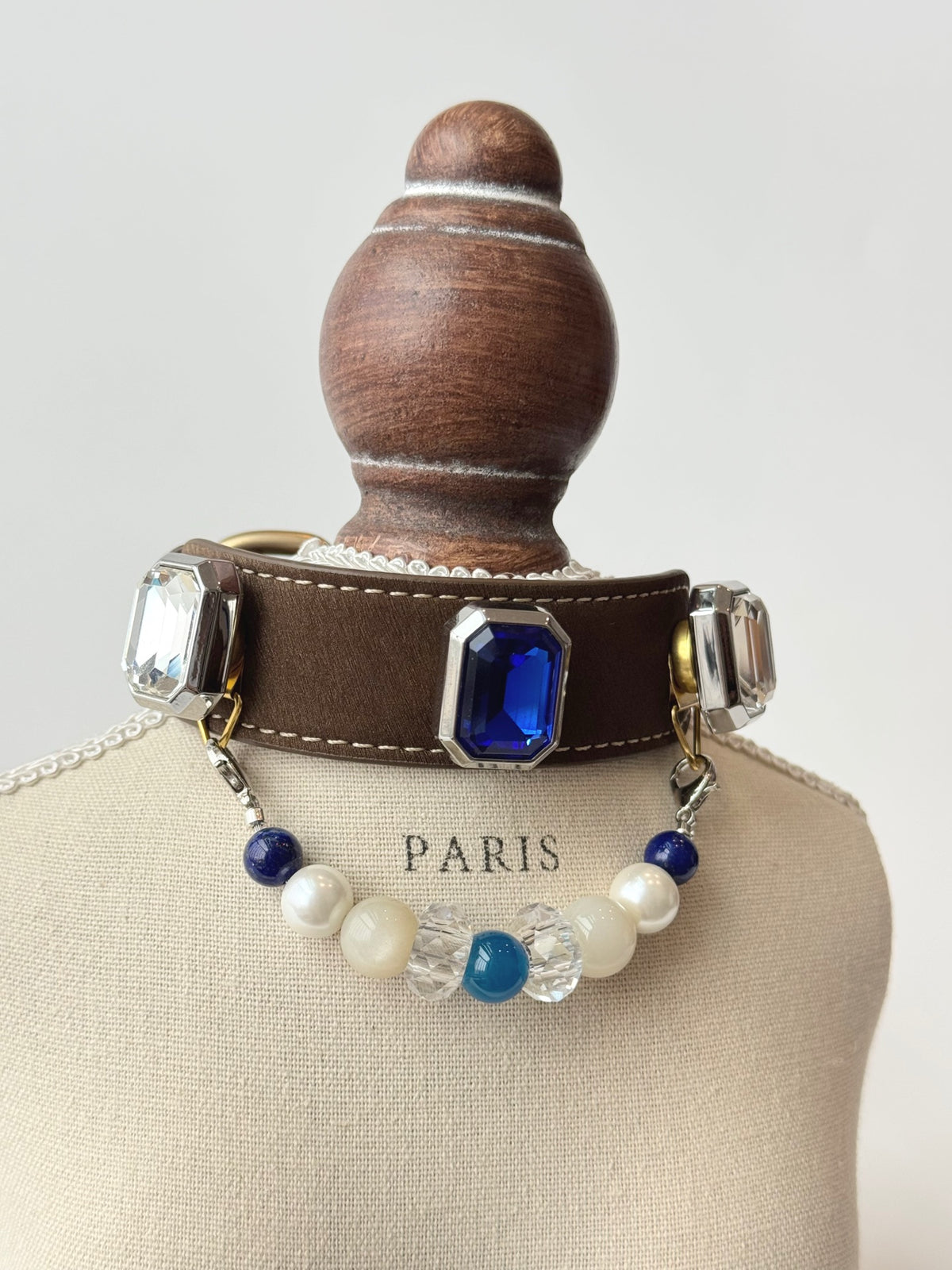 Pawlsle Trails Vintage-style square-embellished pet collar, crafted from luxurious microfiber leather and featuring a string of tactile crystal beads—a stylish, handmade accessory for your pet.