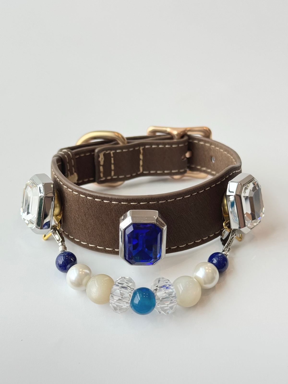 Pawlsle Trails Vintage-style square-embellished pet collar, crafted from luxurious microfiber leather and featuring a string of tactile crystal beads—a stylish, handmade accessory for your pet. Style 1