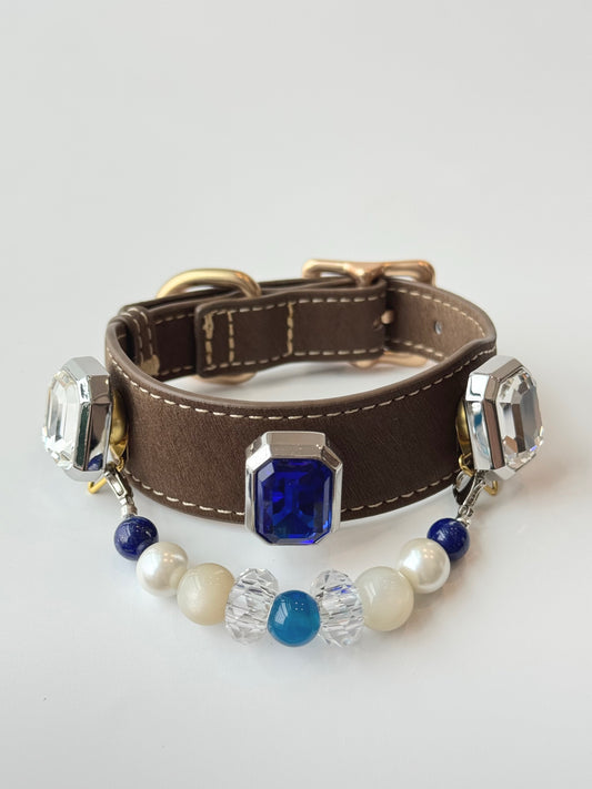 Pawlsle Trails Vintage-style square-embellished pet collar, crafted from luxurious microfiber leather and featuring a string of tactile crystal beads—a stylish, handmade accessory for your pet. Style 1