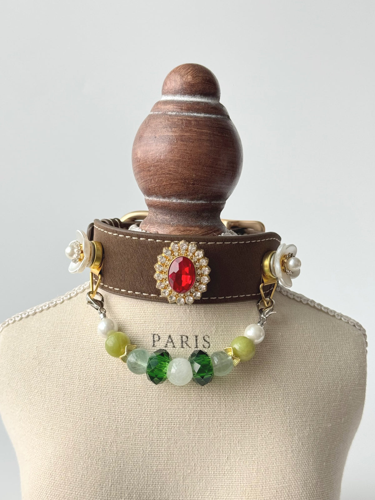 Pawlsle Trails Emerald-toned, gemstone-style microfiber leather pet collar featuring a detachable beaded chain; designed to be non-stick to fur, comfortable, and adjustable. Style 3