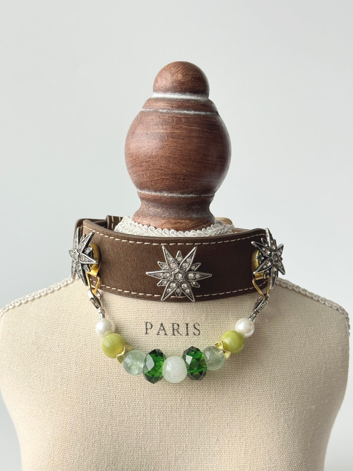 Pawlsle Trails Emerald-toned, gemstone-style microfiber leather pet collar featuring a detachable beaded chain; designed to be non-stick to fur, comfortable, and adjustable. Style 4