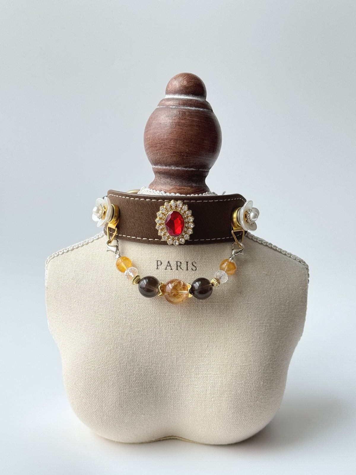 Pawlsle Trails A premium, vintage-inspired gemstone pet collar—a luxurious, handcrafted leather piece featuring a wearable crystal-bead chain; an elegant, artisanal accessory for your pet. Style 2