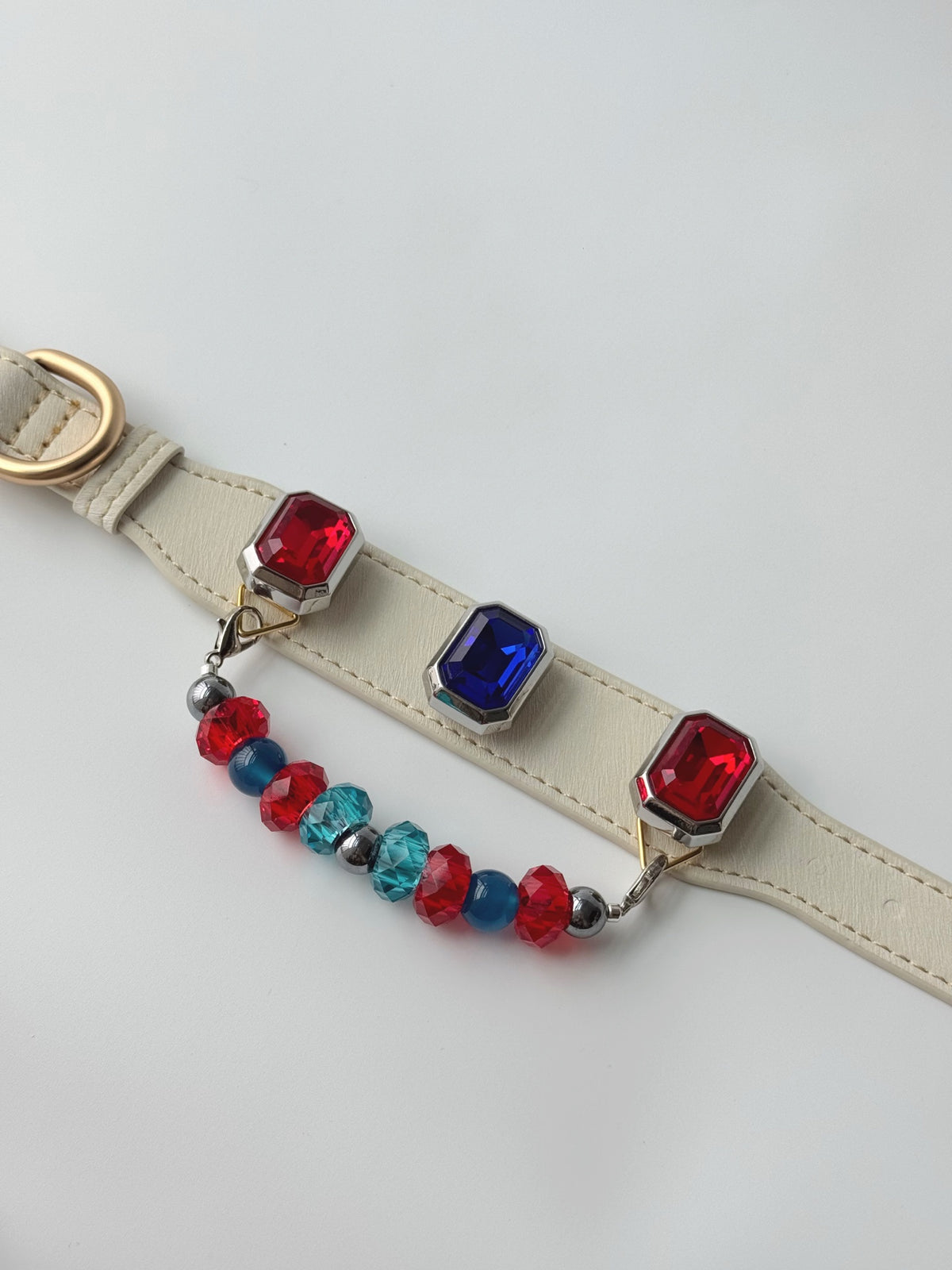 Pawlsle Trails Vintage-style square-embellished pet collar, crafted from luxurious microfiber leather and featuring a string of tactile crystal beads—a stylish, handmade accessory for your pet.