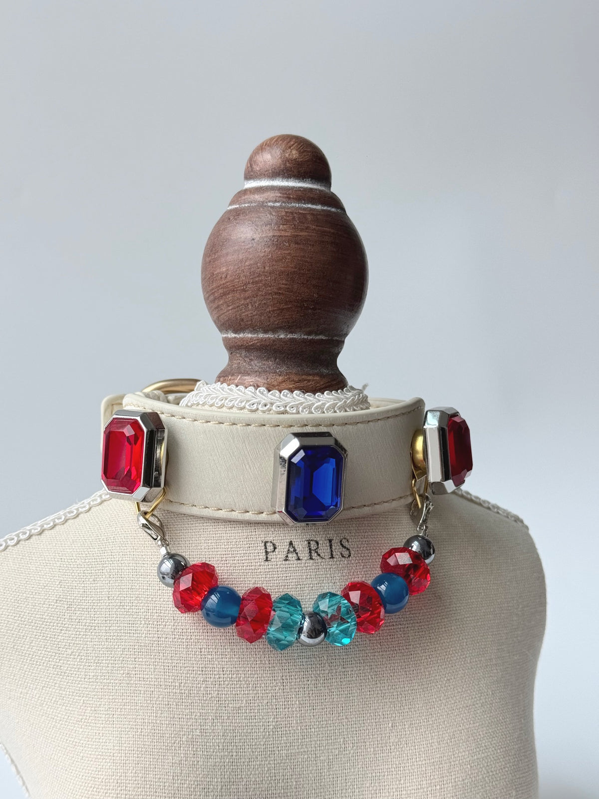 Pawlsle Trails Vintage-style square-embellished pet collar, crafted from luxurious microfiber leather and featuring a string of tactile crystal beads—a stylish, handmade accessory for your pet.