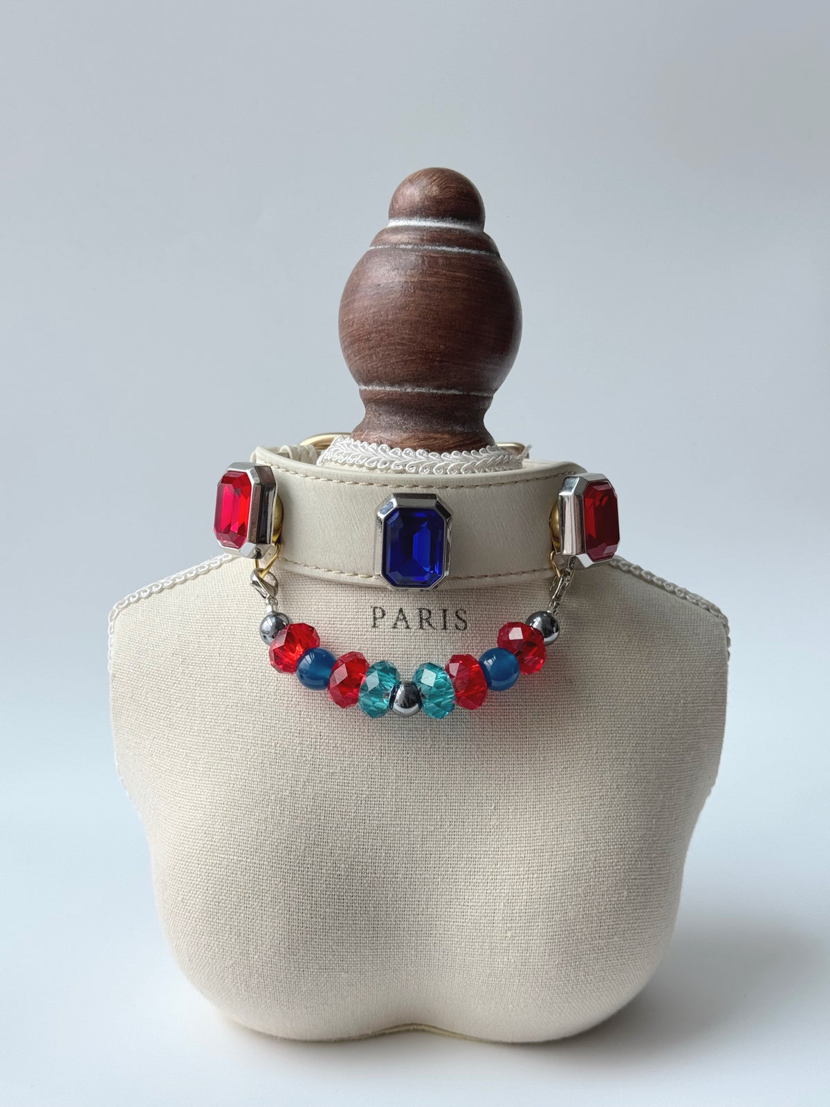 Pawlsle Trails Vintage-style square-embellished pet collar, crafted from luxurious microfiber leather and featuring a string of tactile crystal beads—a stylish, handmade accessory for your pet.