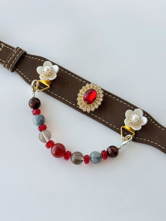 Pawlsle Trails A premium, vintage-inspired gemstone pet collar—a luxurious, handcrafted leather piece featuring a wearable crystal-bead chain; an elegant, artisanal accessory for your pet.