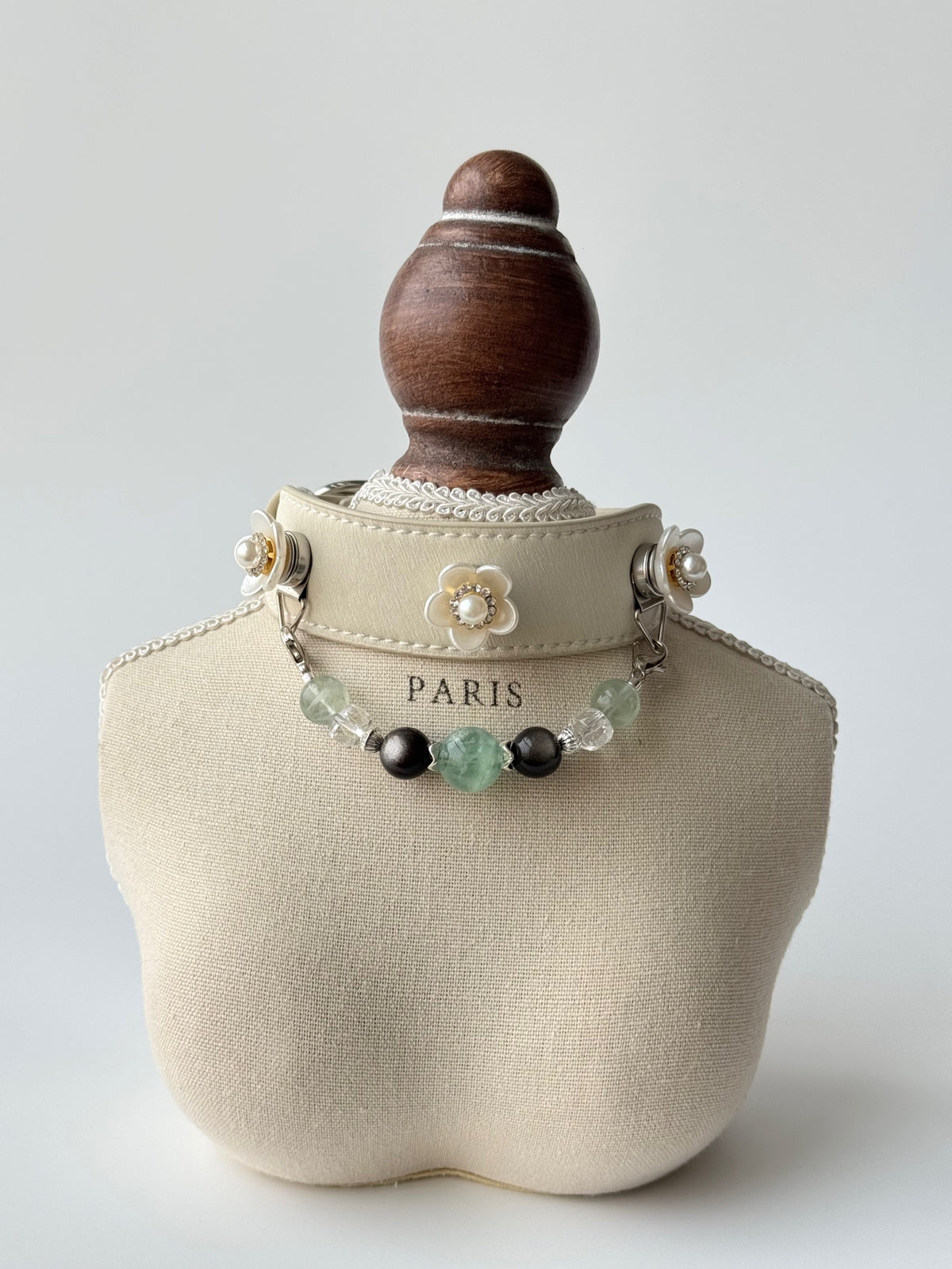 Pawlsle Trails Vintage-style pearl pet collar, crafted from luxurious microfiber leather and accented with a natural crystal chain—an elegant, handmade accessory for your pet.